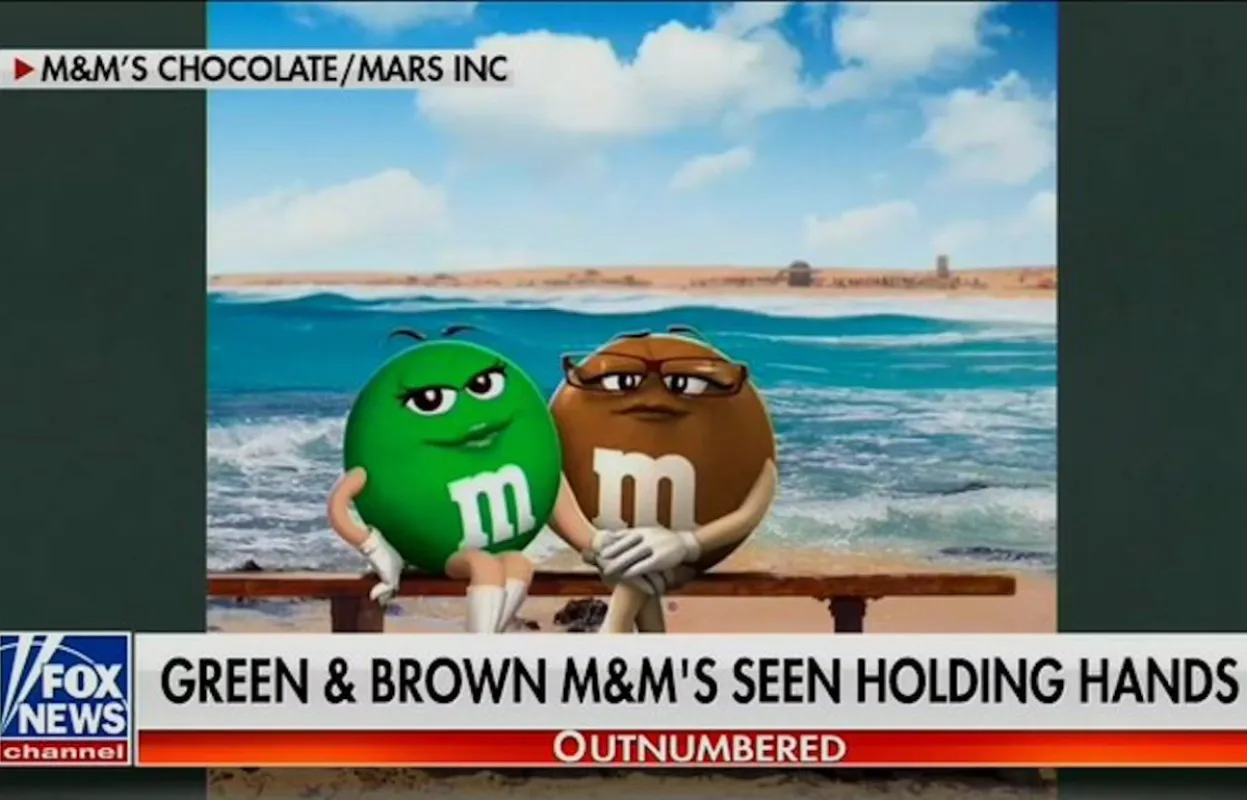 An illustration of the anthropomorphized green and brown M&M's holding hands on a beach, shown during an episode of a Fox News show.