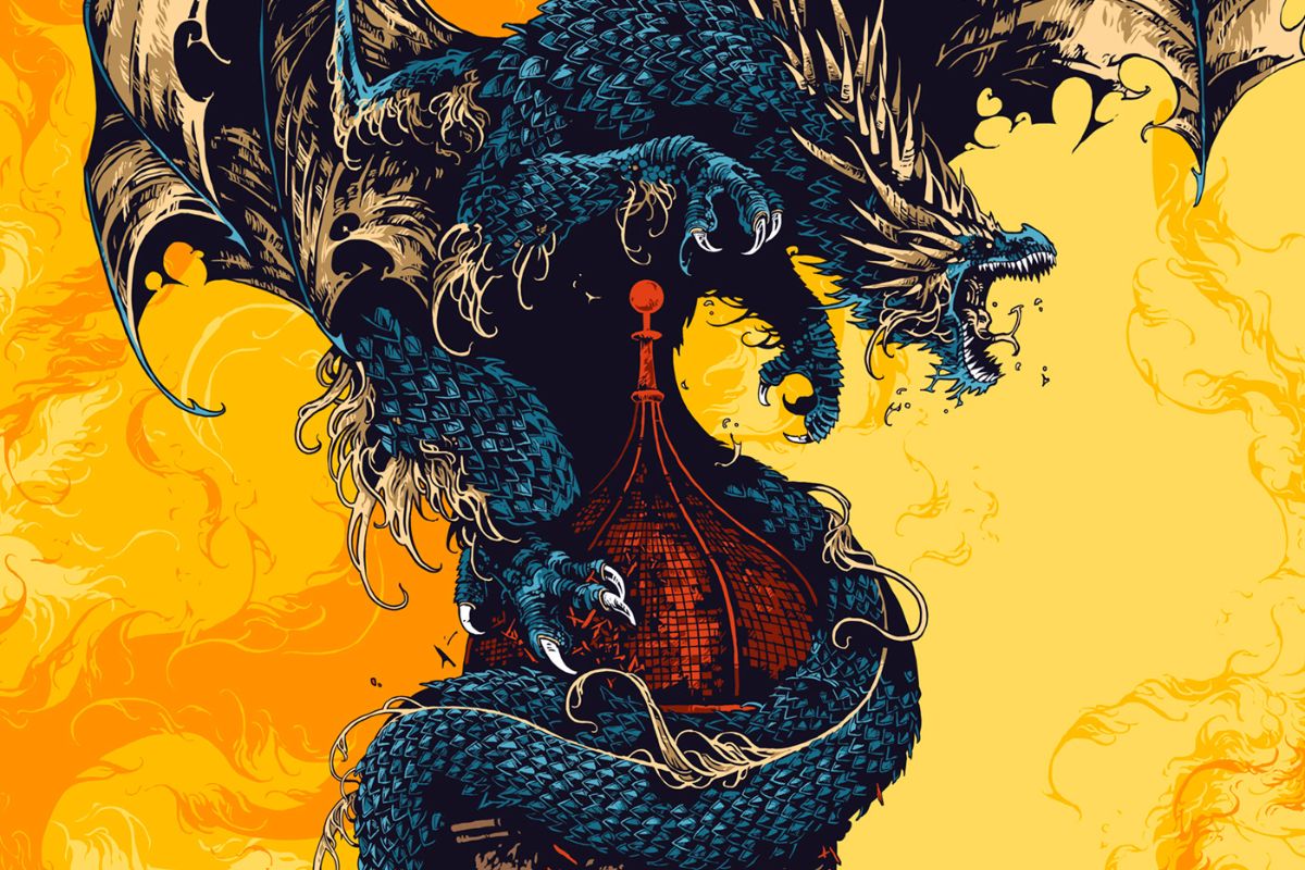 "The Priory of the Orange Tree" by Samantha Shannon cover showing a blue dragon wrapped around a tower. 