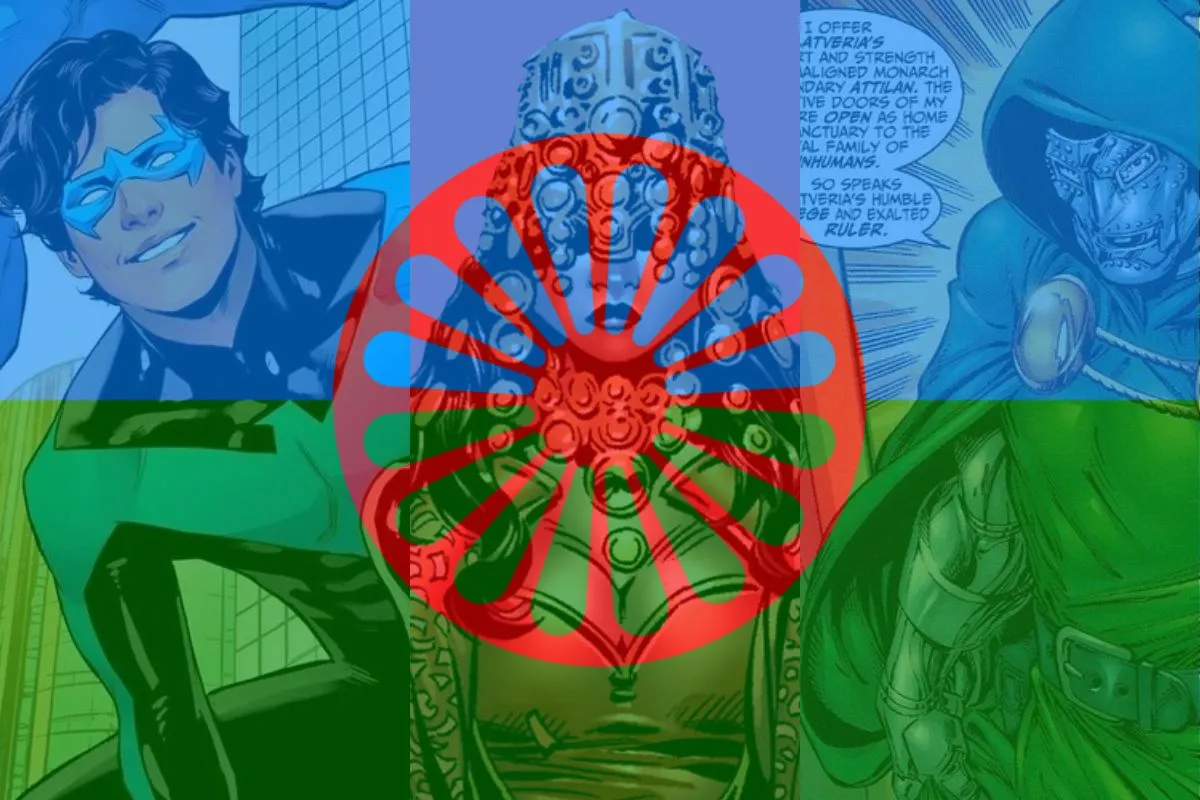 Dick Grayson, Wanda Maximoff, and Doctor Doom panels behind a Roma flag.