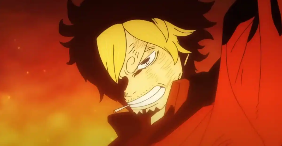 Sanji lit up by his own kick while fighting King and Queen during One Piece's Onigashima Battle