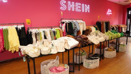 A display of clothing inside a Shein store.