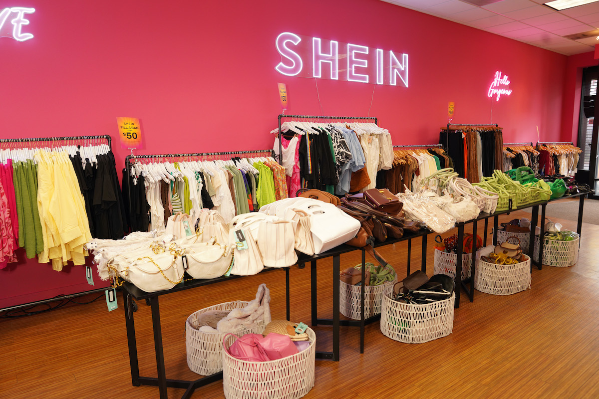 A display of clothing inside a Shein store.