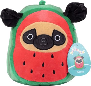 A Squishmallow pug with a watermelon body 