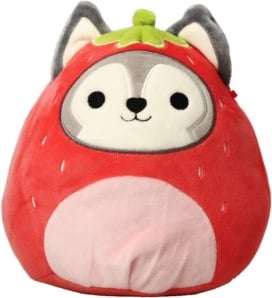 A Squishmallow husky dog in a strawberry costume