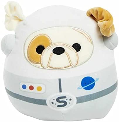 A yellow and orange bulldog squishmallow in an astronaut's costume