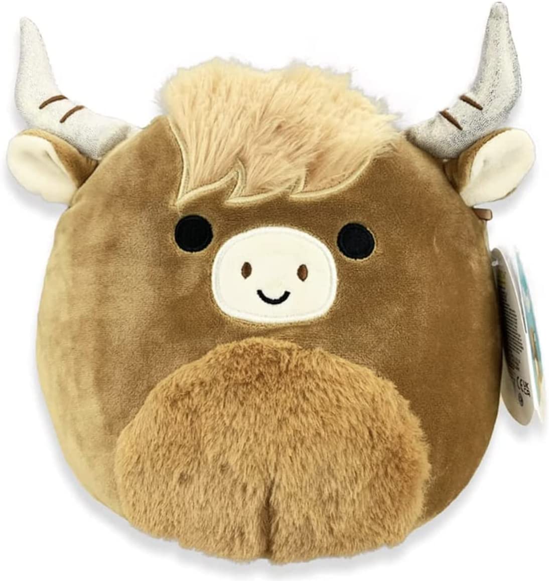 A fuzzy brown cow Squishmallow with silver horns and a fringe