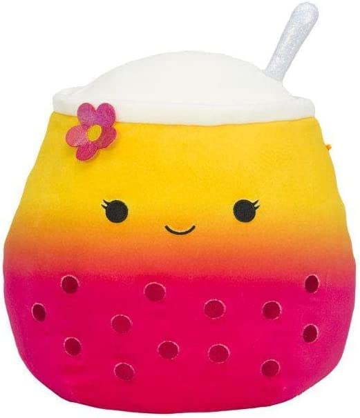 A yellow and pink boba tea plush with a pink flower on top