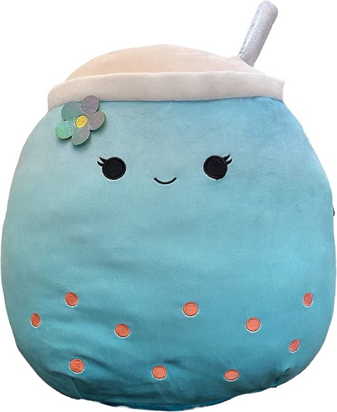 A blue boba tea Squishmallow with orange boba and a blue flower on top