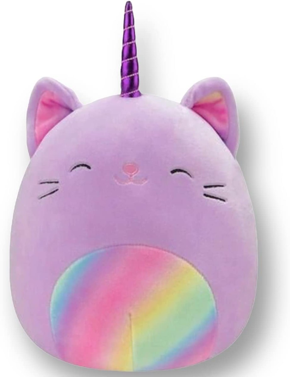 A purple caticorn Squishmallow with a rainbow stomach and metallic purple horn