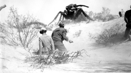 Black and white movie still from Them!, in which a man and woman look at a giant ant towering over them.