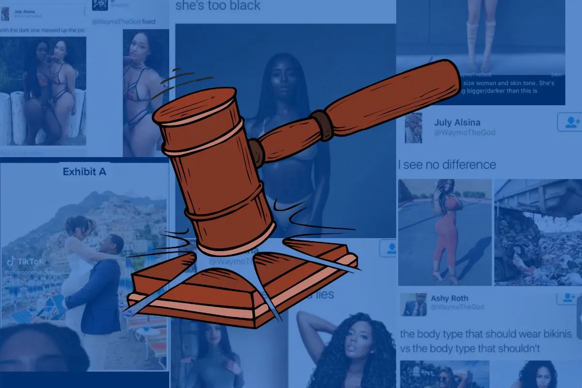 Various screencaps from Waymond Wesley II and Melissa Maily's social media behind a gavel. Image: screencaps remixed by Alyssa Shotwell.