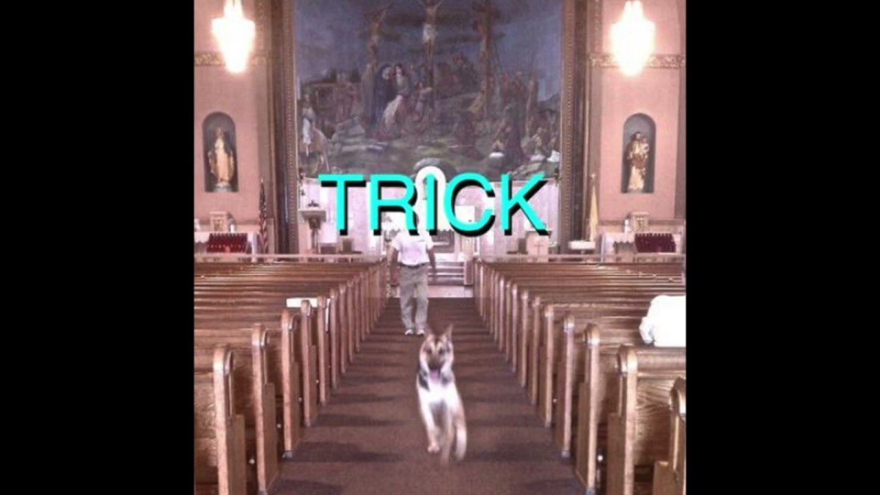 Album art depicting a stray dog running into a church.