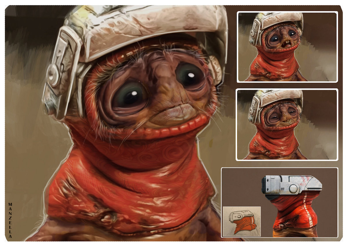 Babu Frik concept art by Ivan Manzella featuring four color illustrations of the face and bust