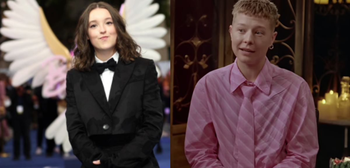 Bella Ramsey attends a red carpet premiere and Emma D'Arcy sits on a stool for an interview