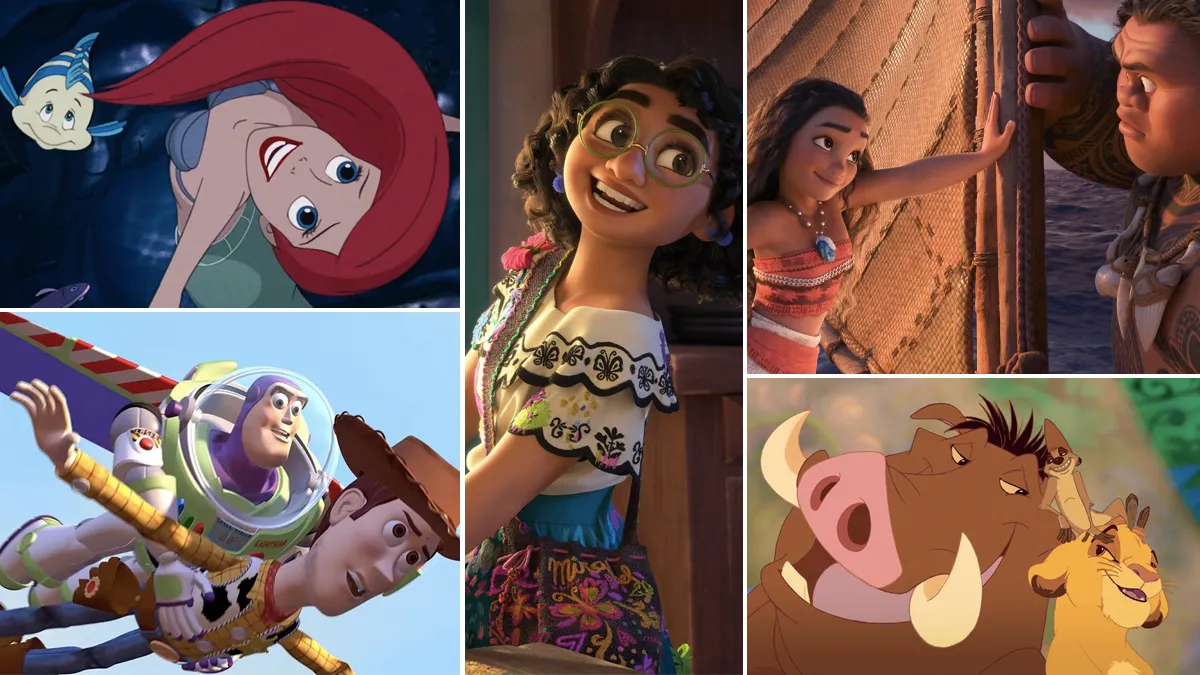 A collage featuring 'The Little Mermaid,' 'Encanto,' 'Moana,' 'The Lion King' (1994), and 'Toy Story'