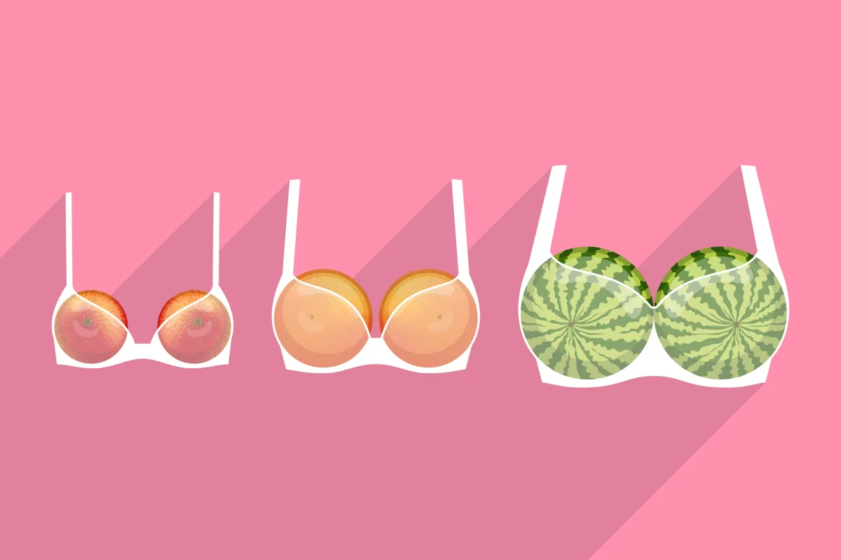 Three white brassieres with fruits inside, over colored background. Apple, grapefruit and watermelon are as small, medium and large breasts. How to orient in choosing of bra size.