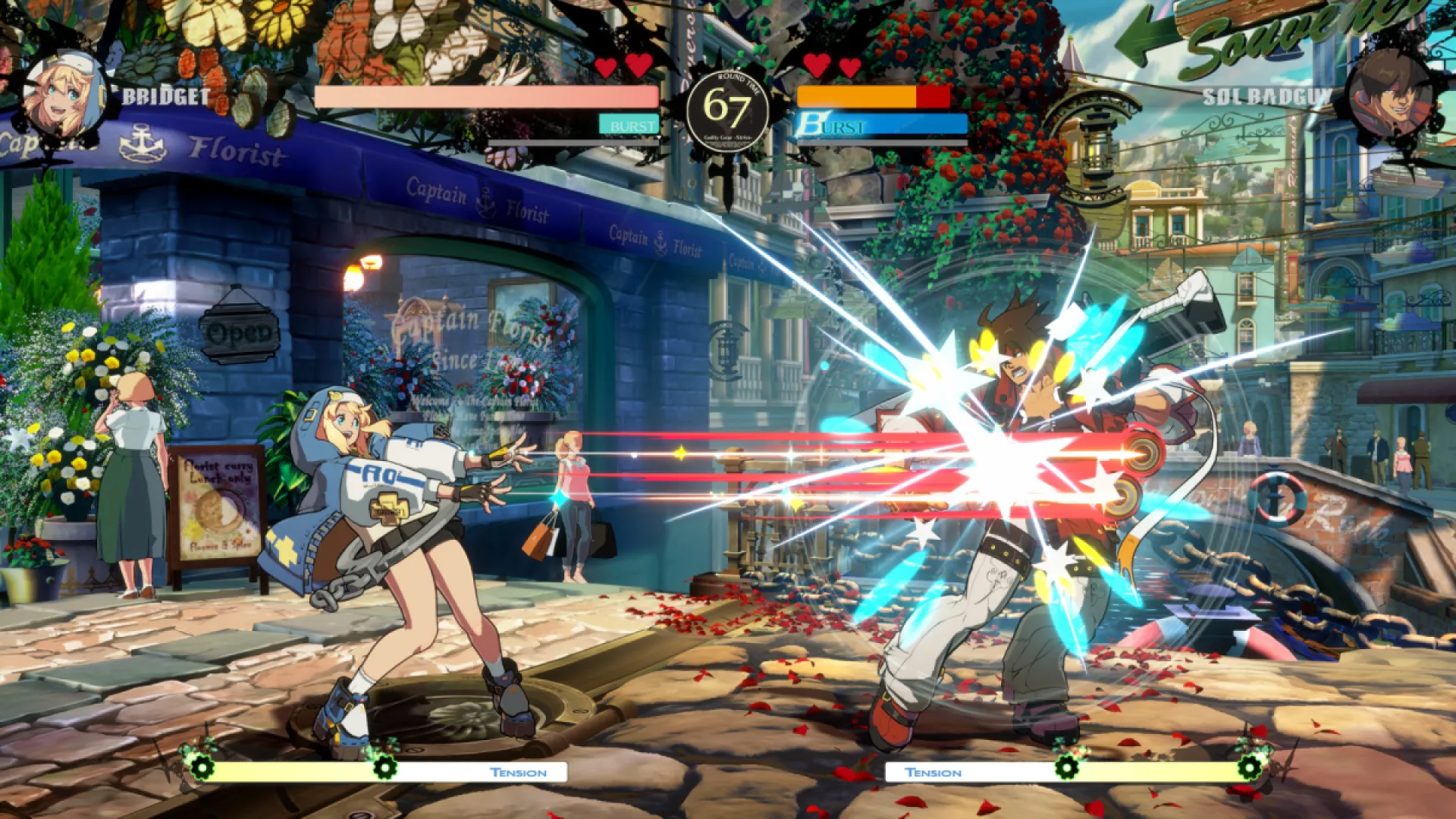 Gameplay of Bridget from Guilty Gear -Strive-.