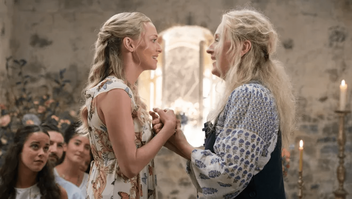 Church scene between Amanda Seyfried and Meryl Streep in 'Mamma Mia Here We Go Again'