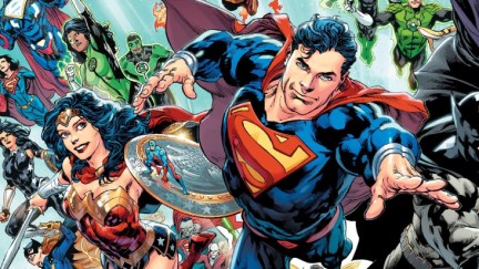 Various DC Comics characters led by Superman, Wonder Woman, and Batman