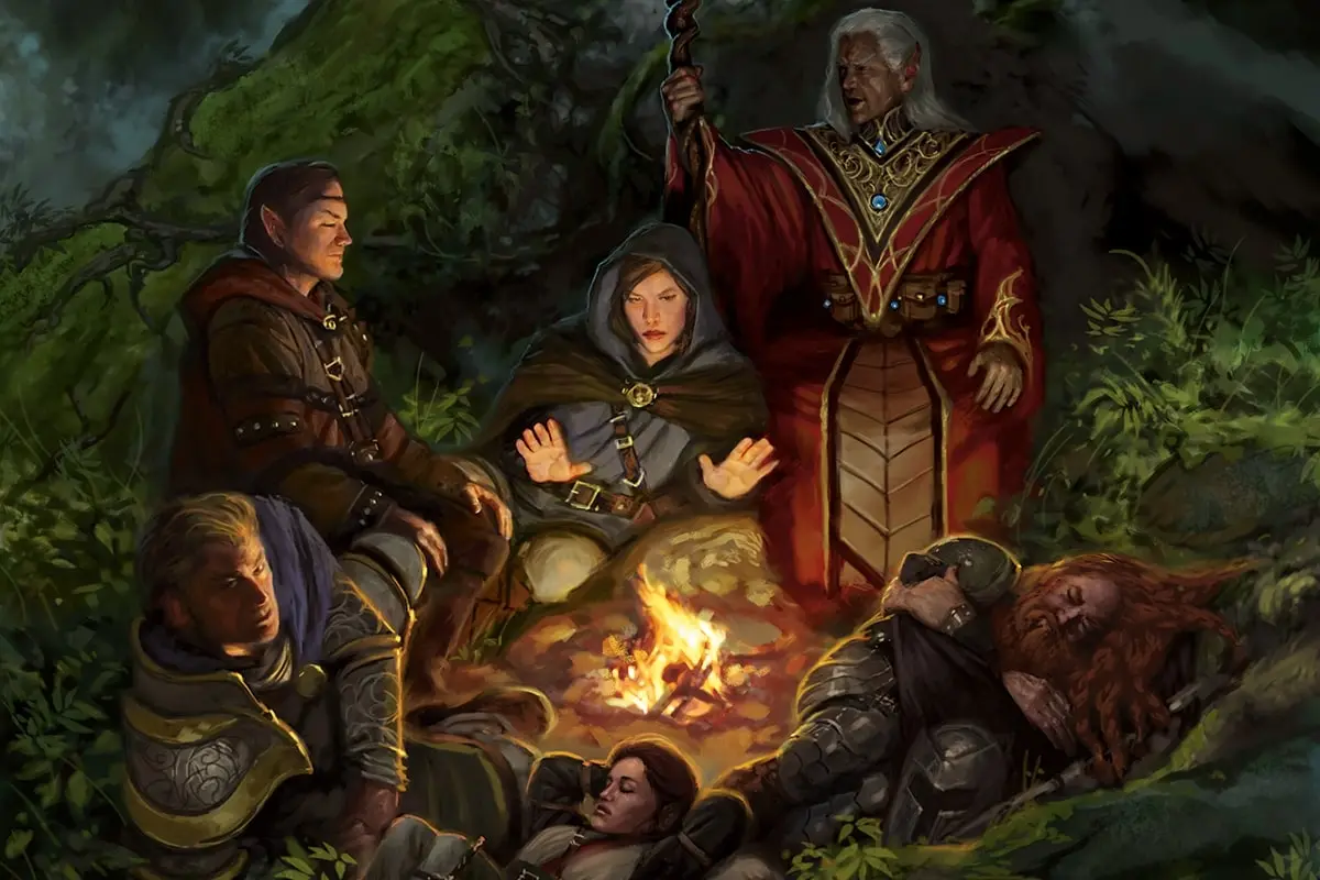 A group of adventurers sleeping around a fire
