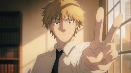 Denji gives a peace sign in 'Chainsaw Man'