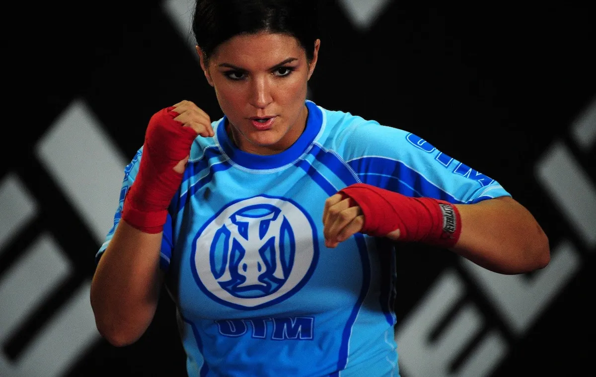 Mixed martial arts superstar Gina Carano posing in her fighting attire during the Workout Media Day at the Legends Training Center in Los Angeles, California on September 17, 2008