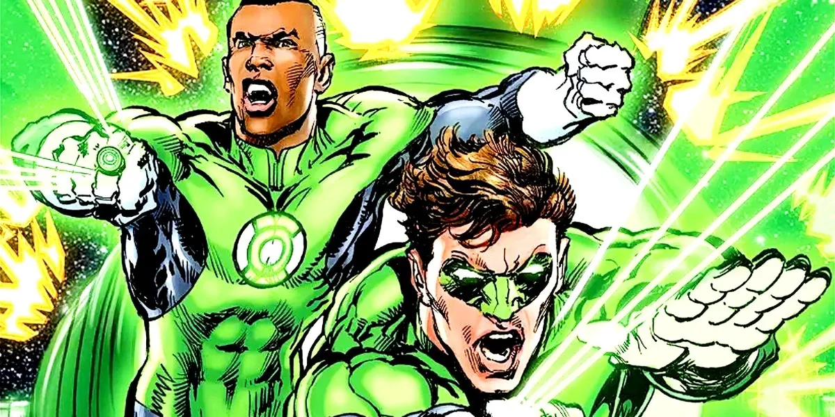 Hal Jordan and Jon Stewart in action as Green Lanterns in DC Comics