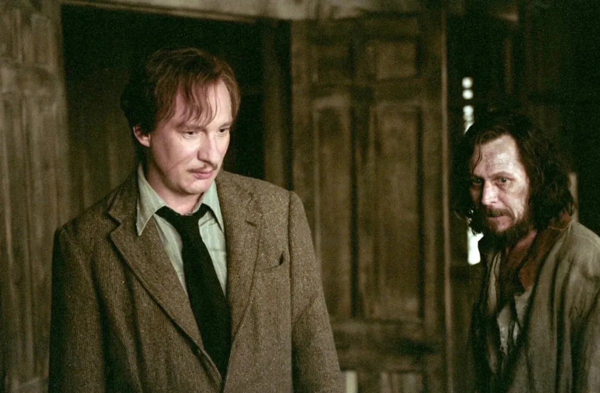 Remus Lupin and Sirius Black (played by David Thewlis and Gary Oldman) stand in the Shrieking Shack in Harry Potter and the Prisoner of Azkaban