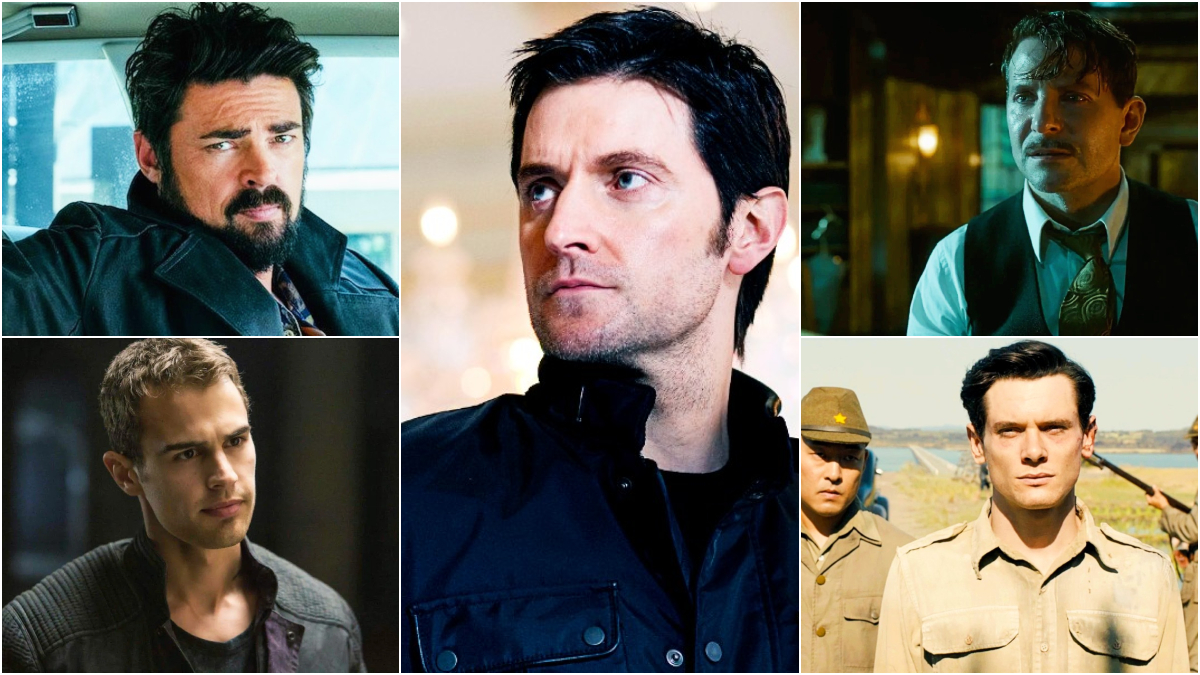 A collage with Karl Urban, Theo James, Richard Armitage, Bradley Cooper, and Jack O'Connell
