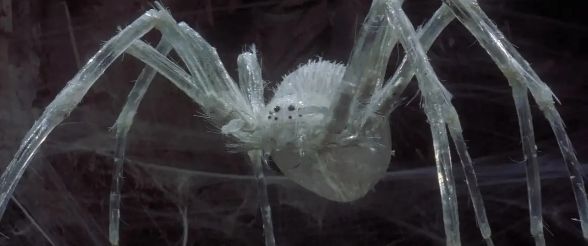 A giant white spider in a web inside a dark cave, from the film Krull