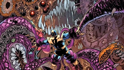 A hero trapped by tentacles in the Cancerverse in Marvel's Thanos Imperative