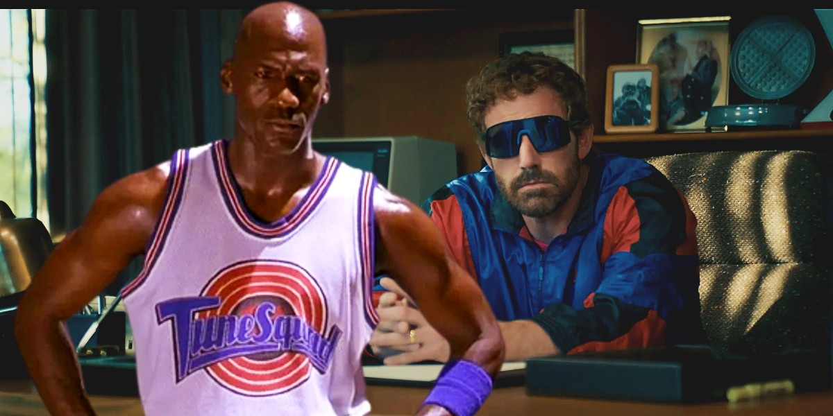 Michael Jordan from Space Jam in front of Ben Affleck's Phil Knight in the film Air