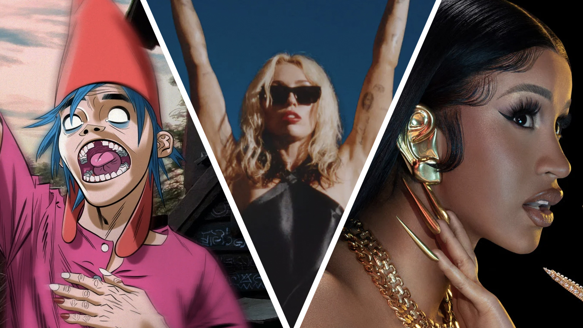 Album covers for Gorillaz's 'Cracker Island,' Miley Cyrus' 'Endless Summer Vacation,' and Cardi B and Lizzo's single "Rumors"
