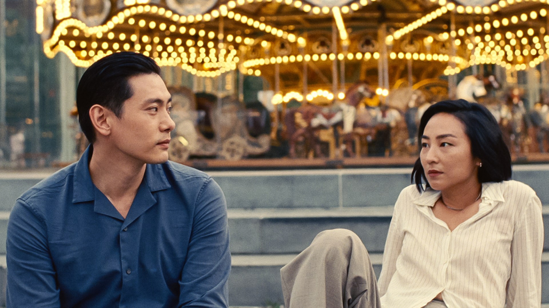 Promo image for A24's upcoming film Past Lives, starring Greta Lee (bae) and Teo Yoo.