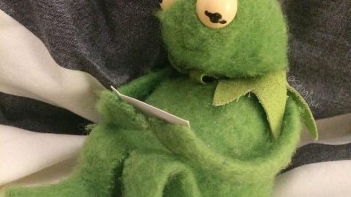 The famous Sad Kermit meme, as knit by Finnish artist Pinja Savolainen.