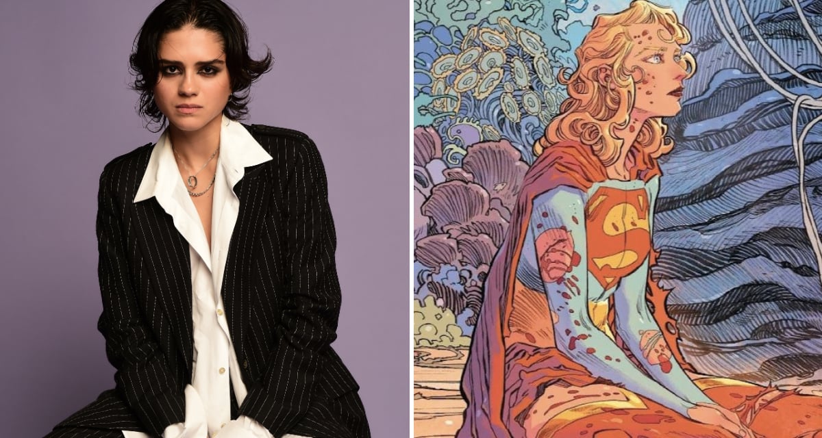Actor Sasha Calle opposite cover art for DC Comics' 'Supergirl: Woman of Tomorrow'