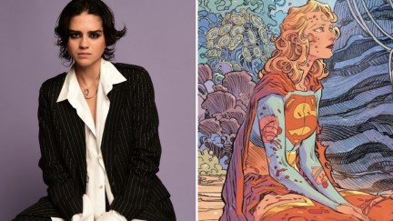 Actor Sasha Calle opposite cover art for DC Comics' 'Supergirl: Woman of Tomorrow'