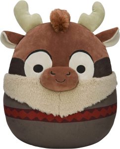 A reindeer Squishmallow wearing a sweater