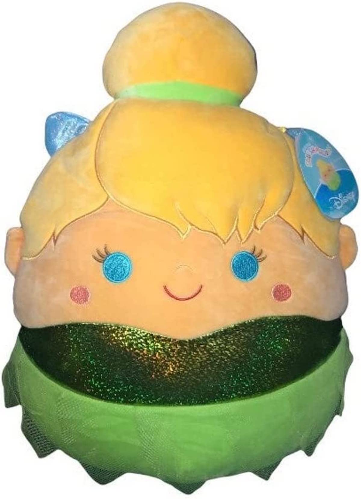 Tinkerbell Squishmallow, with blonde hair piled on top of her head, blue eyes and a sparkly green dress.
