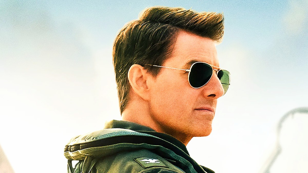 Tom Cruise as Pete "Maverick" Mitchell wearing aviator glasses in Top Gun: Maverick