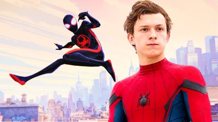 Tom Holland as the MCU's Spider-Man to the backdrop of Shameik Moore's Miles Morales in Spider-Man: Across the Spider-Verse