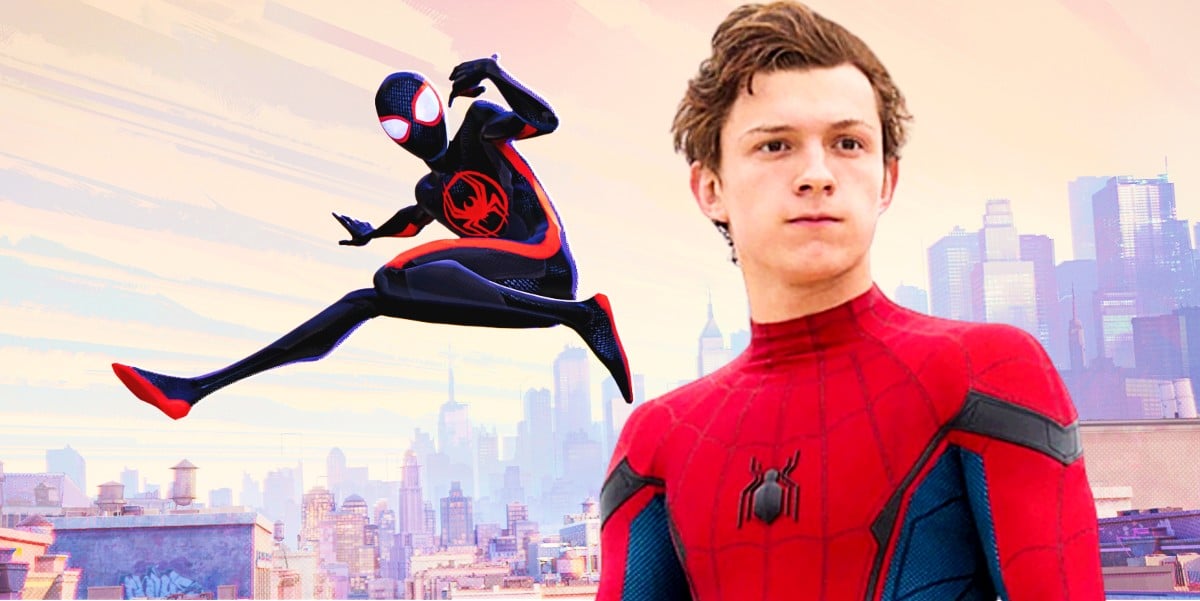 Tom Holland as the MCU's Spider-Man to the backdrop of Shameik Moore's Miles Morales in Spider-Man: Across the Spider-Verse