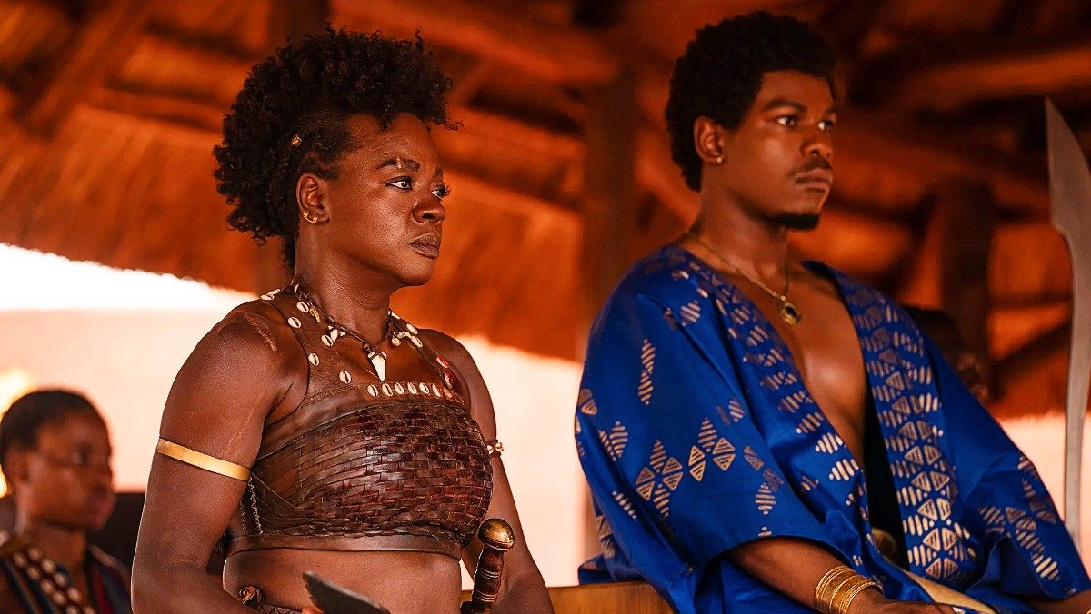 Viola Davis as General Nanisca and John Boyega as King Ghezo in The Woman King
