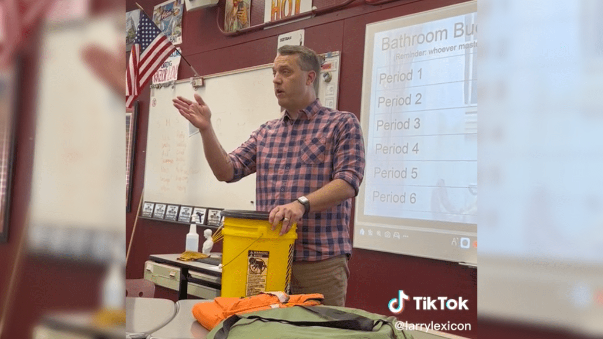 Teacher explains what yellow buckets are used for in schools