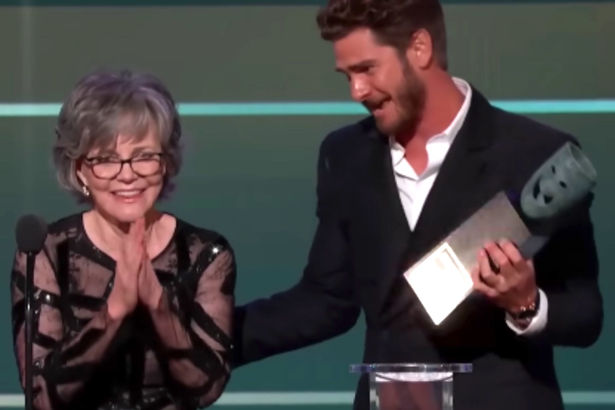 Sally Field and Andrew Garfield stand on the stage of the SAG Awards