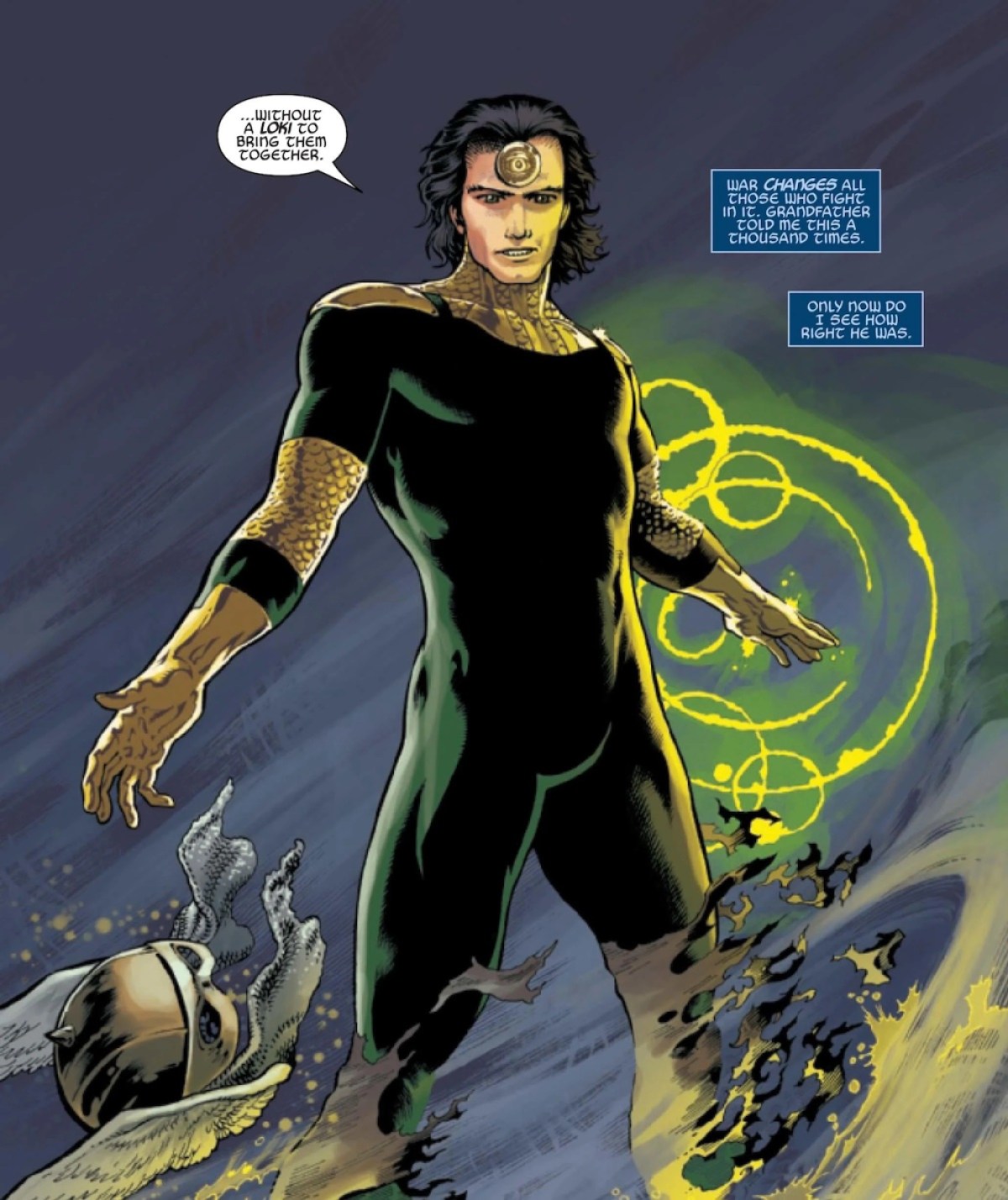 Loki as Avenger Prime, wearing a dark green bodysuit, says "...Without a Loki to bring them together."