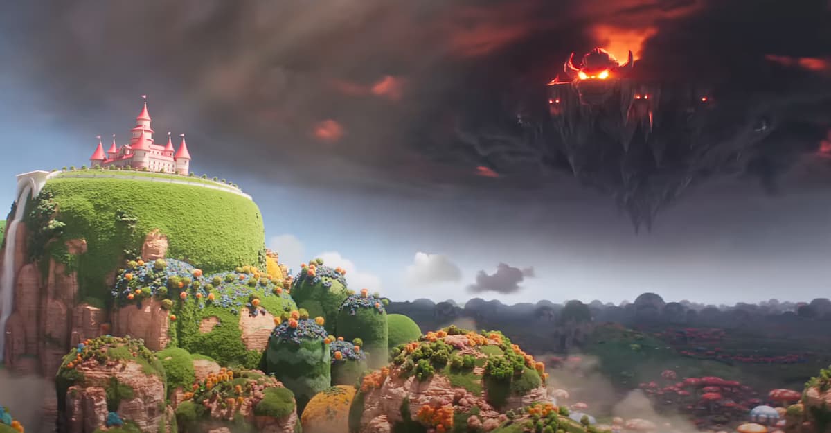 Bower's Castle approaching the Mushroom Kingdom in a trailer for The Super Mario Bros. Movie