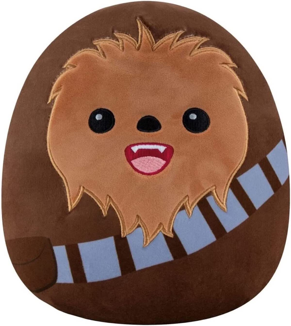 Chewbacca in Squishmallow form. Rounded and brown with a minimalist belt and open roaring mouth.
