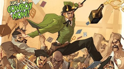 Loki, wearing a green suit and bowler hat, fights a bunch of cowboys with playing cards and bottles of booze flying. Wolverine is also fighting.