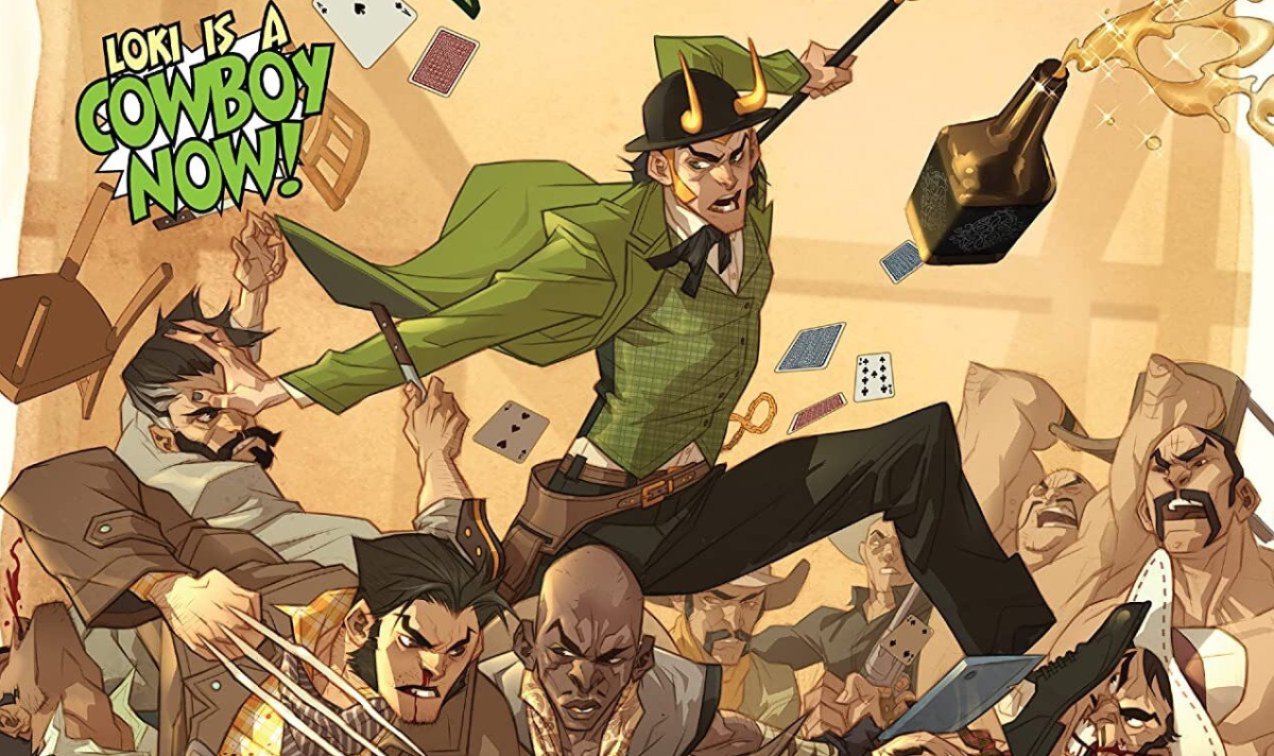 Loki, wearing a green suit and bowler hat, fights a bunch of cowboys with playing cards and bottles of booze flying. Wolverine is also fighting.